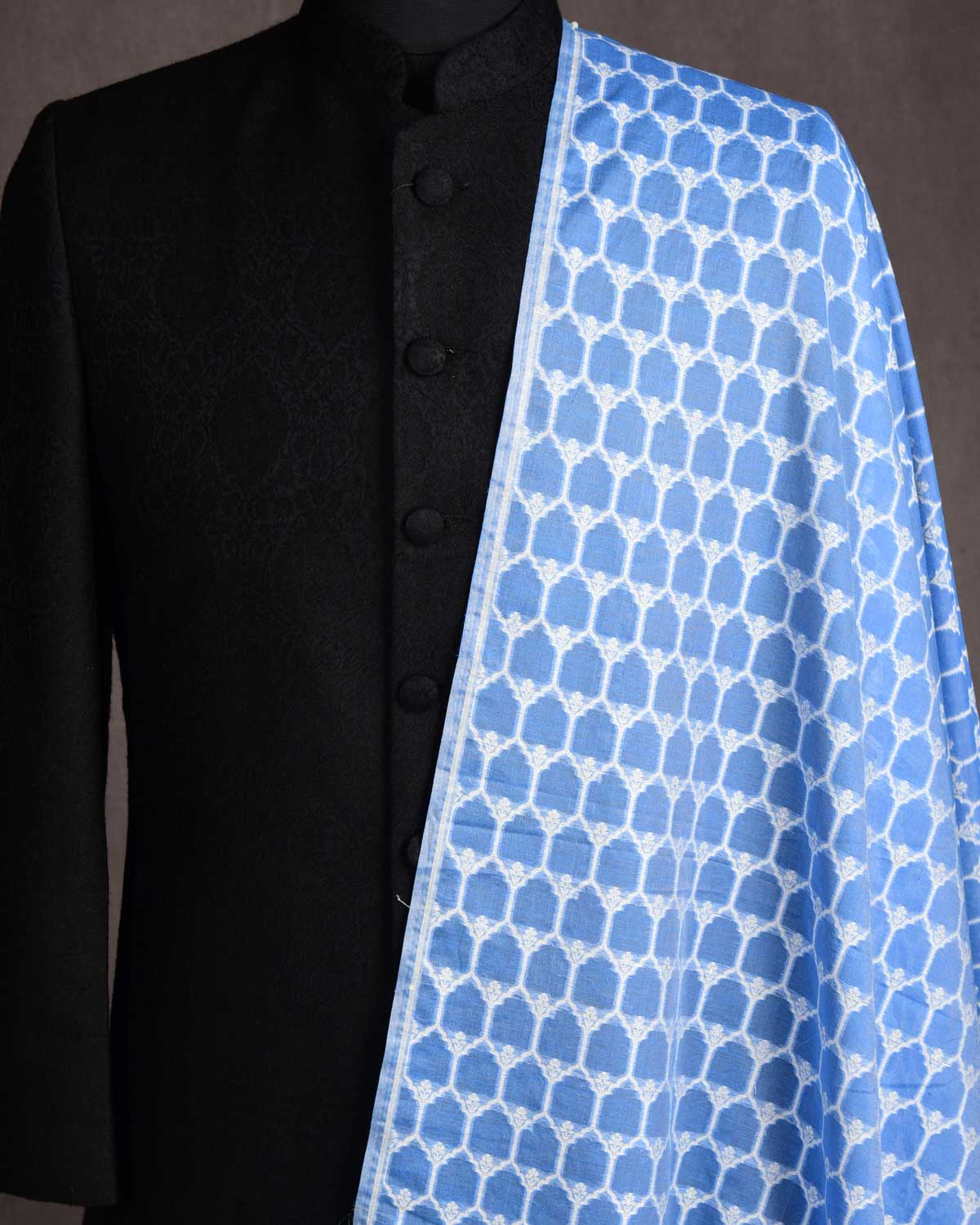 Powder Blue Silver Zari & White Resham Cutwork Brocade Woven Cotton Silk Banarasi Fabric-HolyWeaves