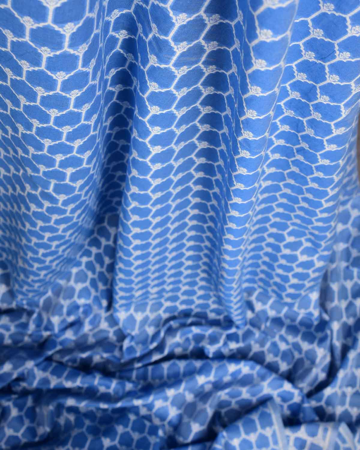 Powder Blue Silver Zari & White Resham Cutwork Brocade Woven Cotton Silk Banarasi Fabric-HolyWeaves