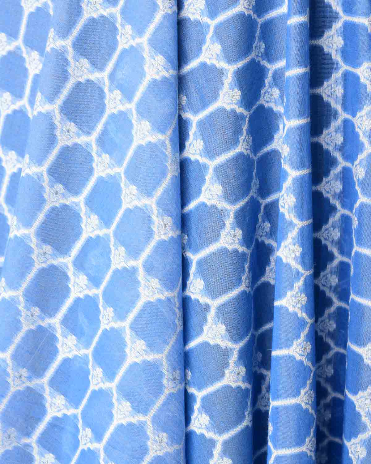 Powder Blue Silver Zari & White Resham Cutwork Brocade Woven Cotton Silk Banarasi Fabric-HolyWeaves