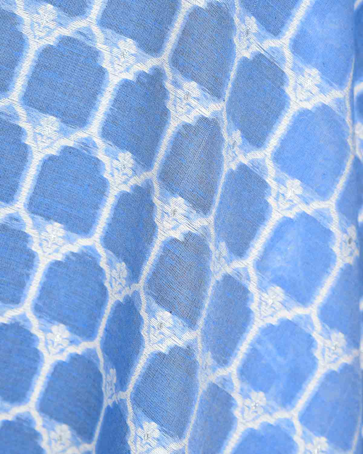 Powder Blue Silver Zari & White Resham Cutwork Brocade Woven Cotton Silk Banarasi Fabric-HolyWeaves