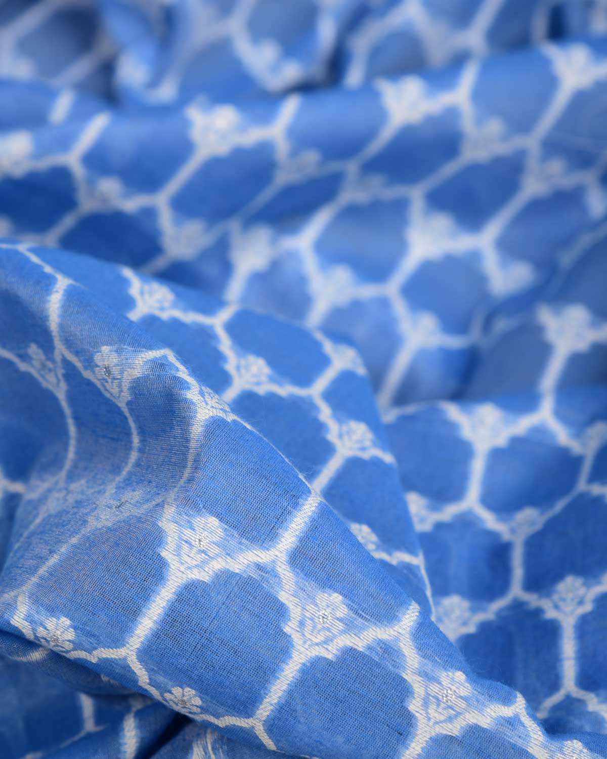 Powder Blue Silver Zari & White Resham Cutwork Brocade Woven Cotton Silk Banarasi Fabric-HolyWeaves