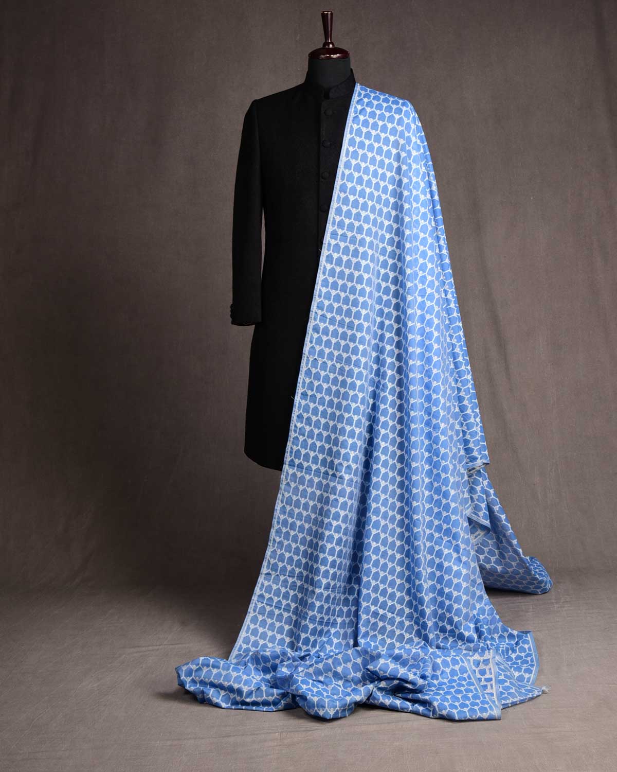 Powder Blue Silver Zari & White Resham Cutwork Brocade Woven Cotton Silk Banarasi Fabric-HolyWeaves