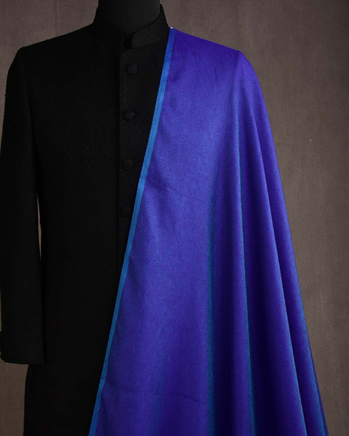 Shot Purple Blue Dotted Paisley Tanchoi Woven Poly Cotton Silk Banarasi Fabric-HolyWeaves