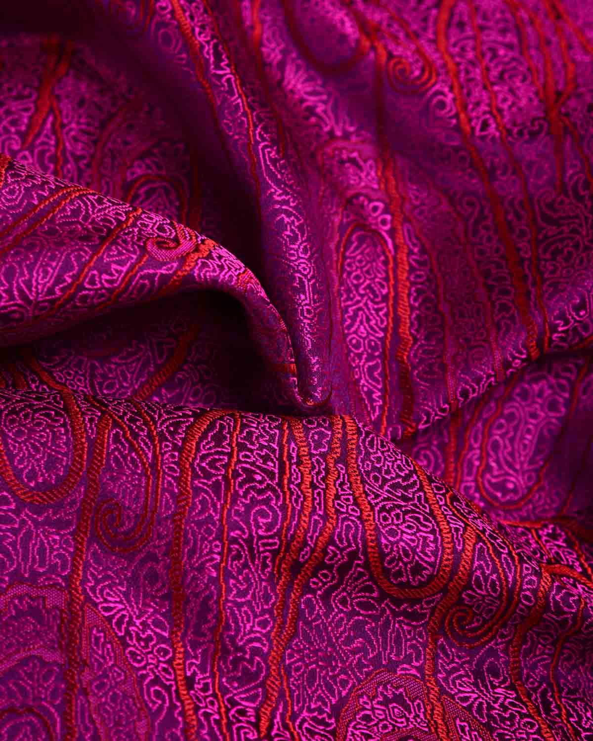Shot Red-Pink On Purple Badi Kairy Satin Tanchoi Handwoven Katan Silk Banarasi Fabric-HolyWeaves