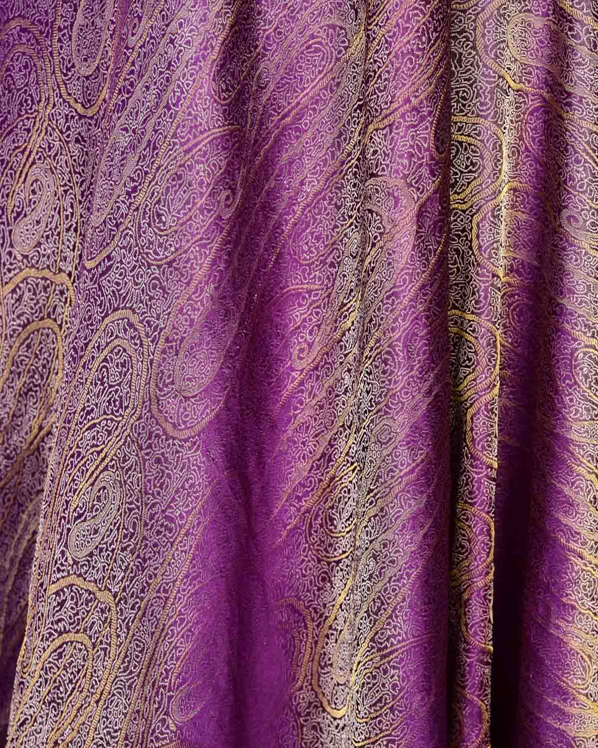 Purple Gold & Silver Zari Paisleys Satin Tanchoi Handwoven Katan Silk Banarasi Fabric-HolyWeaves