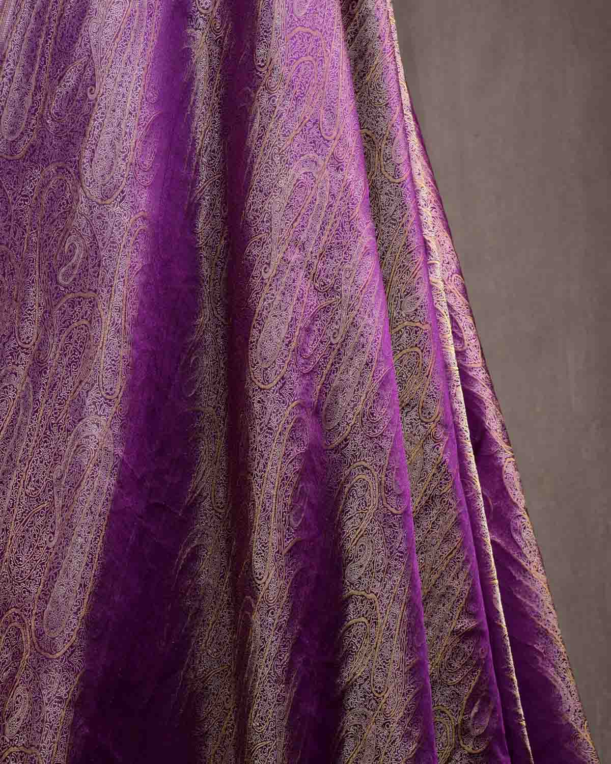 Purple Gold & Silver Zari Paisleys Satin Tanchoi Handwoven Katan Silk Banarasi Fabric-HolyWeaves