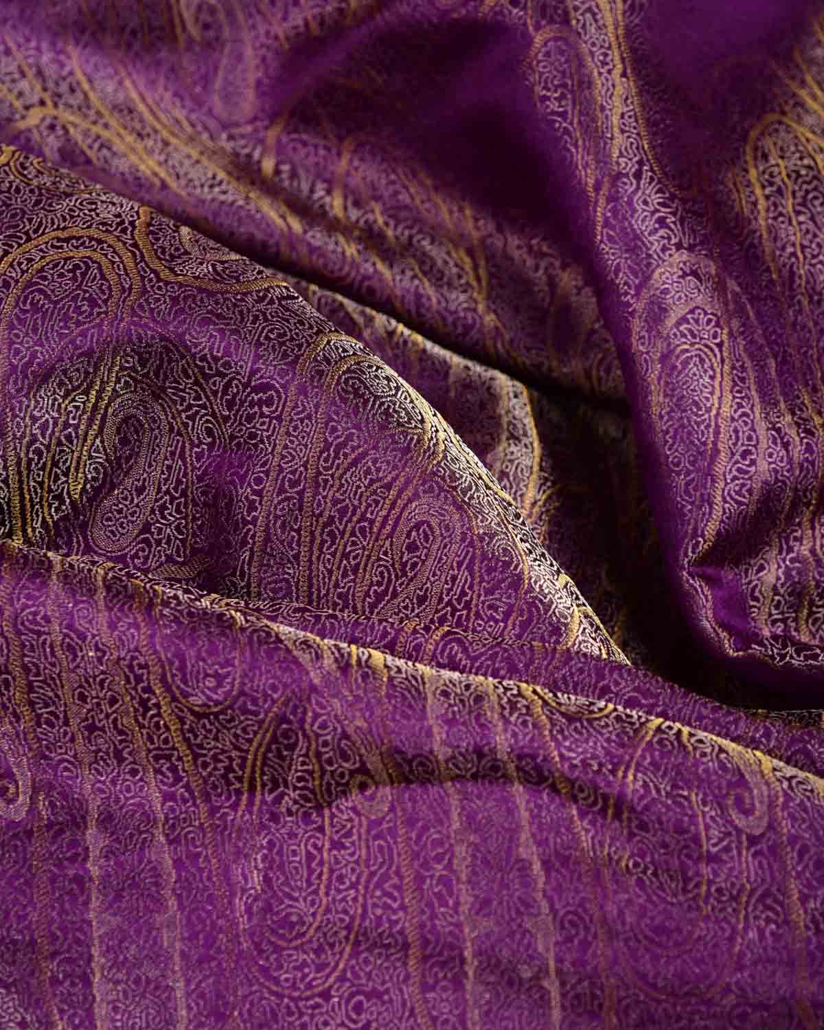 Purple Gold & Silver Zari Paisleys Satin Tanchoi Handwoven Katan Silk Banarasi Fabric-HolyWeaves