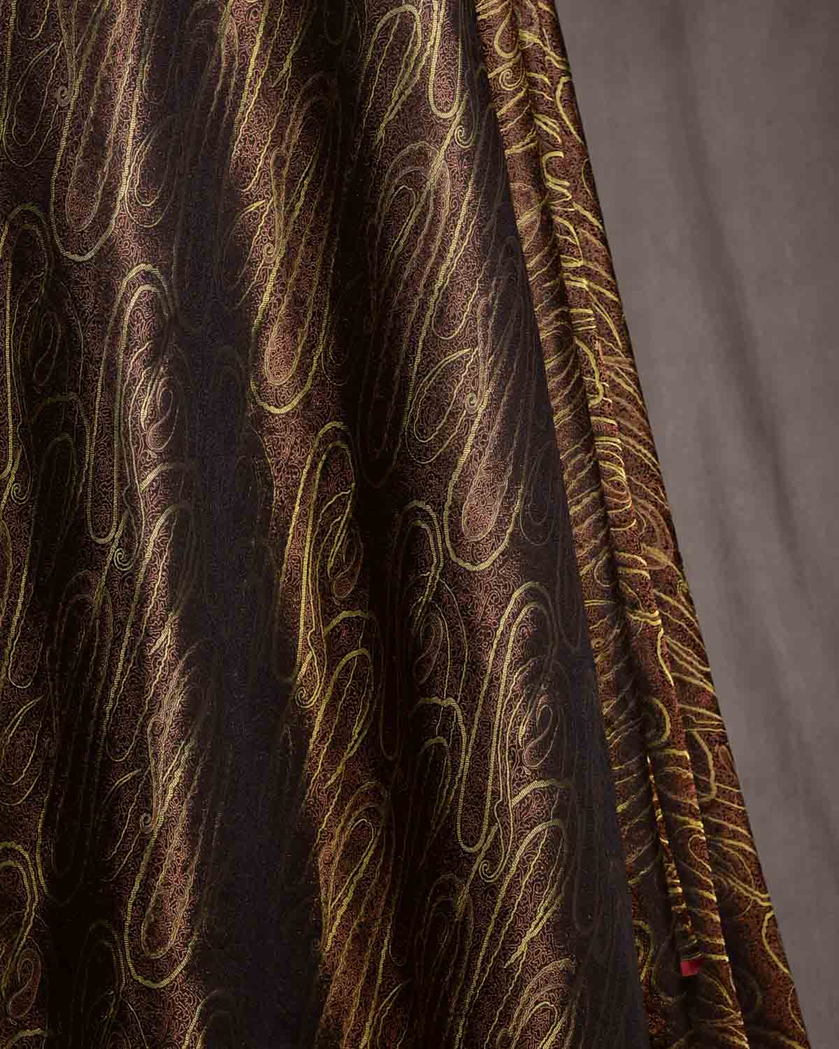 Metallic Black Gold & Antique Zari Paisleys Satin Tanchoi Handwoven Katan Silk Banarasi Fabric-HolyWeaves