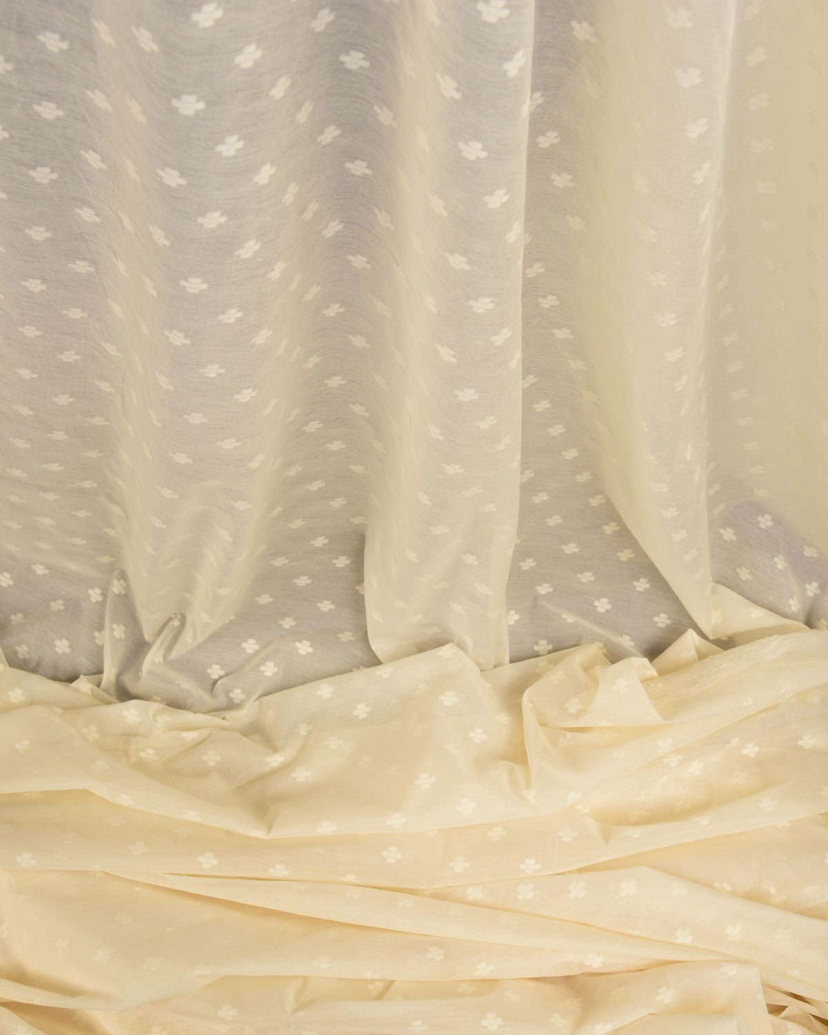 Ivory White Resham Buti Cutwork Brocade Woven Cotton Silk Banarasi Fabric-HolyWeaves