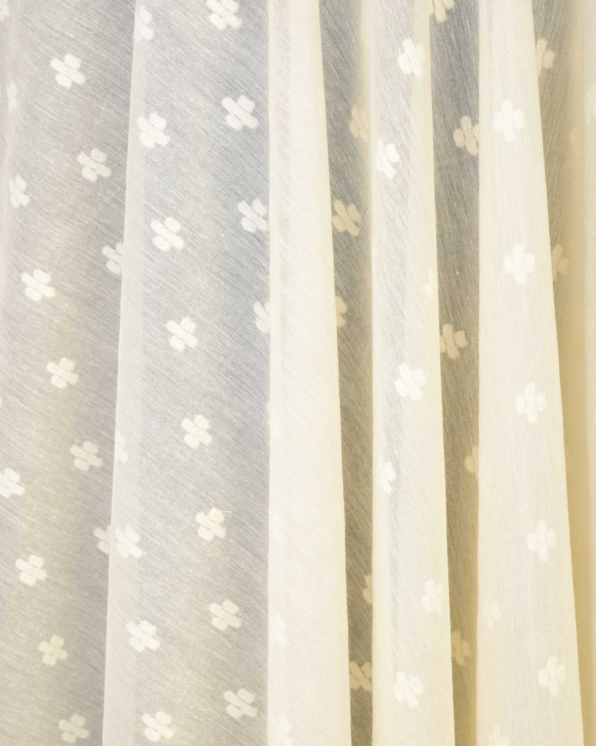 Ivory White Resham Buti Cutwork Brocade Woven Cotton Silk Banarasi Fabric-HolyWeaves