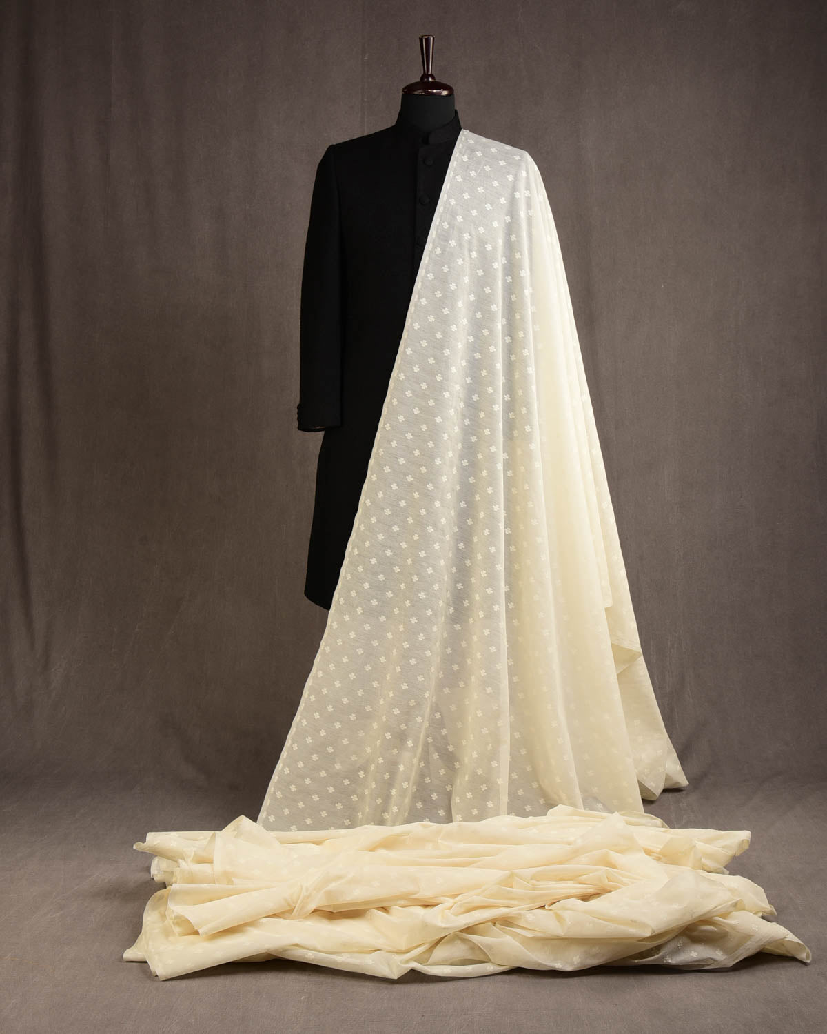 Ivory White Resham Buti Cutwork Brocade Woven Cotton Silk Banarasi Fabric-HolyWeaves