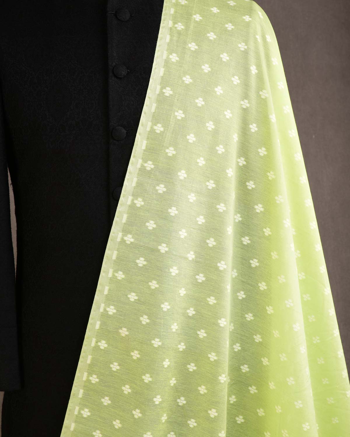 Sage Green Resham Buti Cutwork Brocade Woven Cotton Silk Banarasi Fabric-HolyWeaves