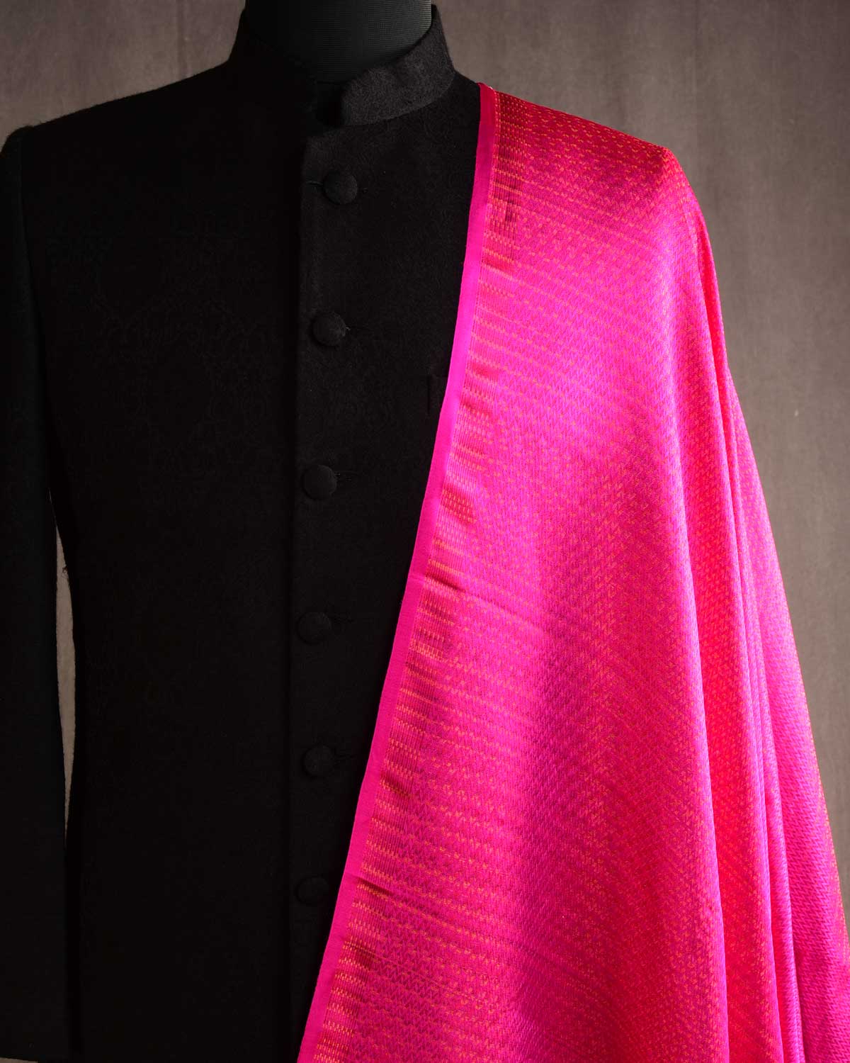 Multi-color Fuchsia Pink Multi-Color Herring Bone Satin Tanchoi Handwoven Katan Silk Banarasi Fabric-HolyWeaves