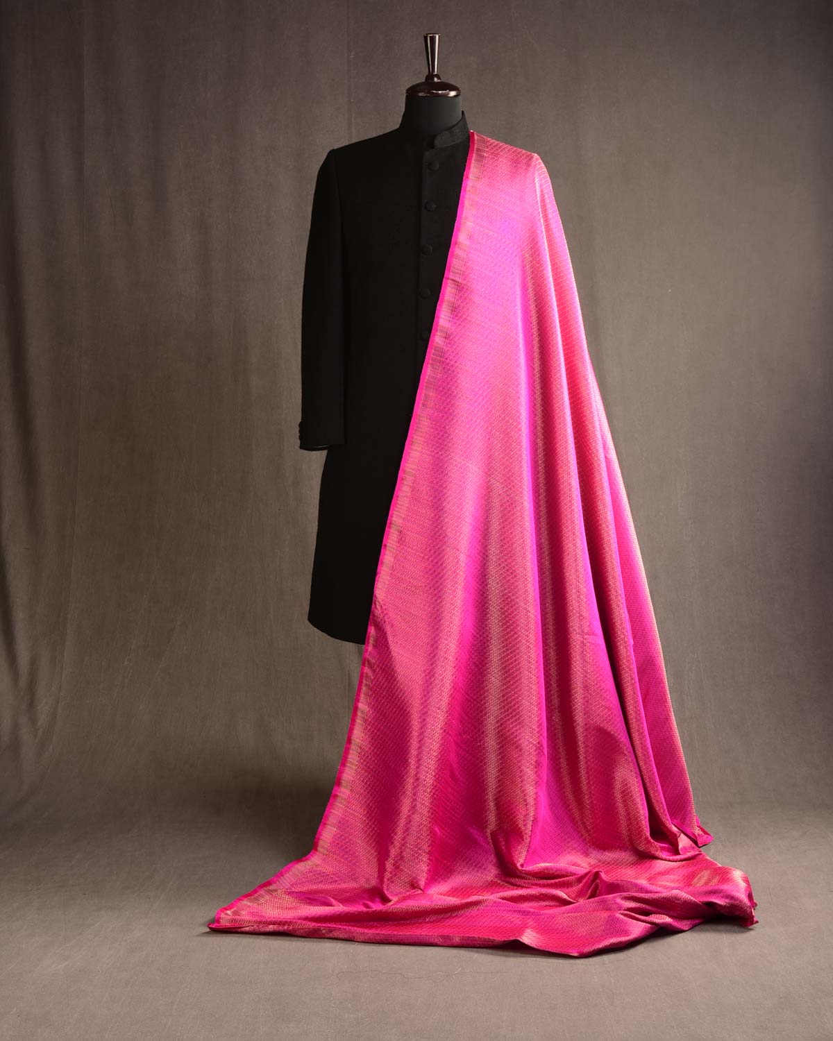 Matallic Varigated Pink Gold & Silver Multi-Color Herring Bone Satin Tanchoi Handwoven Katan Silk Banarasi Fabric-HolyWeaves