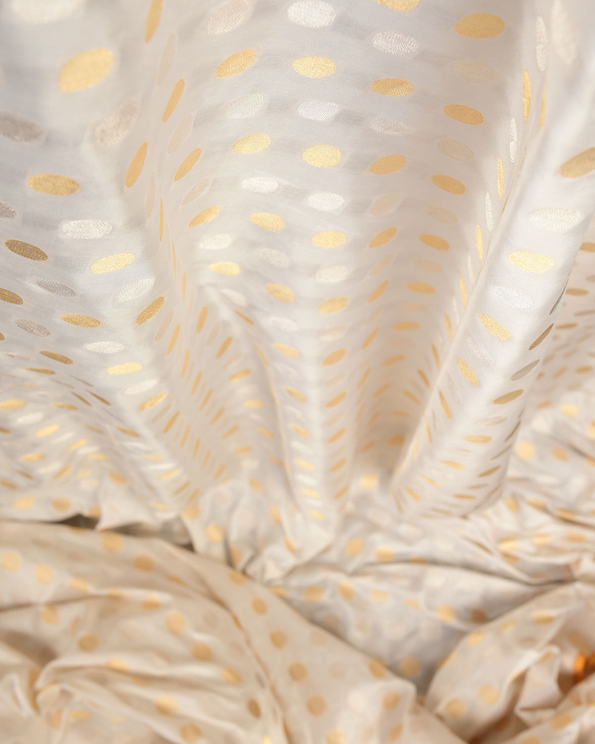 White Gold & Silver Zari Asharfi buti Cutwork Brocade Handwoven Katan Silk Banarasi Fabric-HolyWeaves