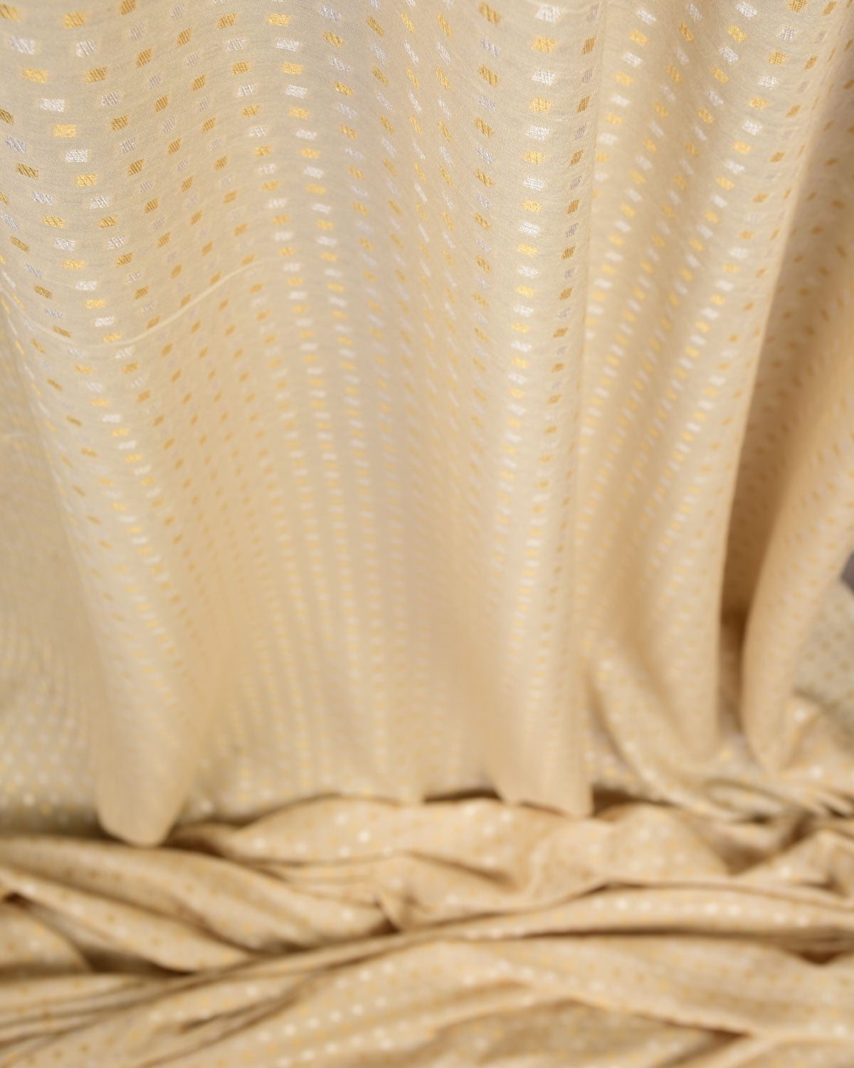 Beige Dotted Gold & Silver Zari Cutwork Brocade Handwoven Muga Georgette Banarasi Fabric-HolyWeaves