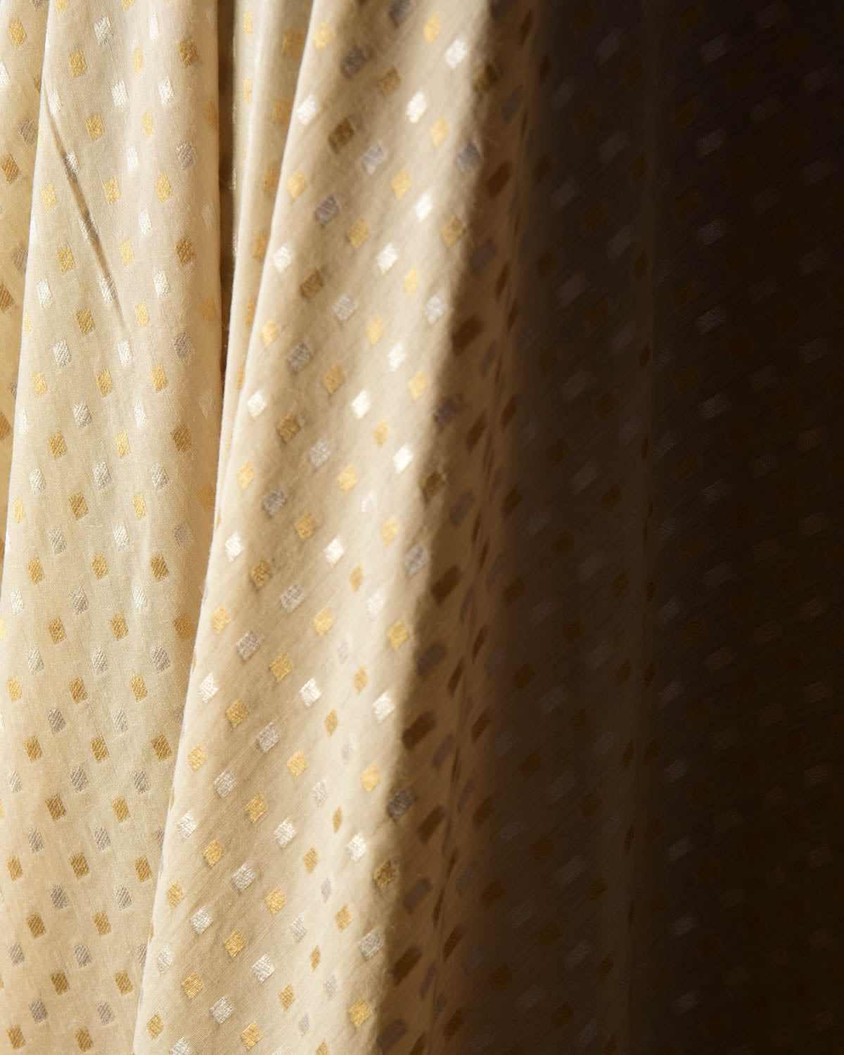 Beige Dotted Gold & Silver Zari Cutwork Brocade Handwoven Muga Georgette Banarasi Fabric-HolyWeaves