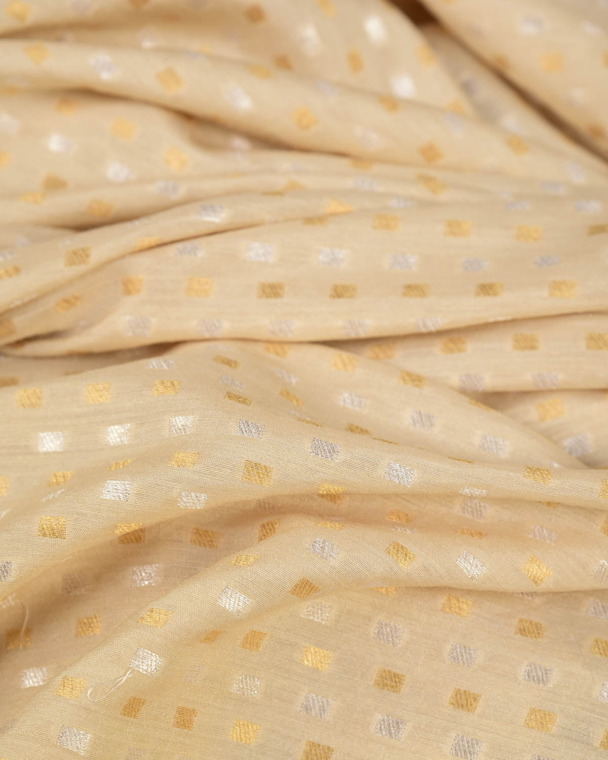 Beige Dotted Gold & Silver Zari Cutwork Brocade Handwoven Muga Georgette Banarasi Fabric-HolyWeaves