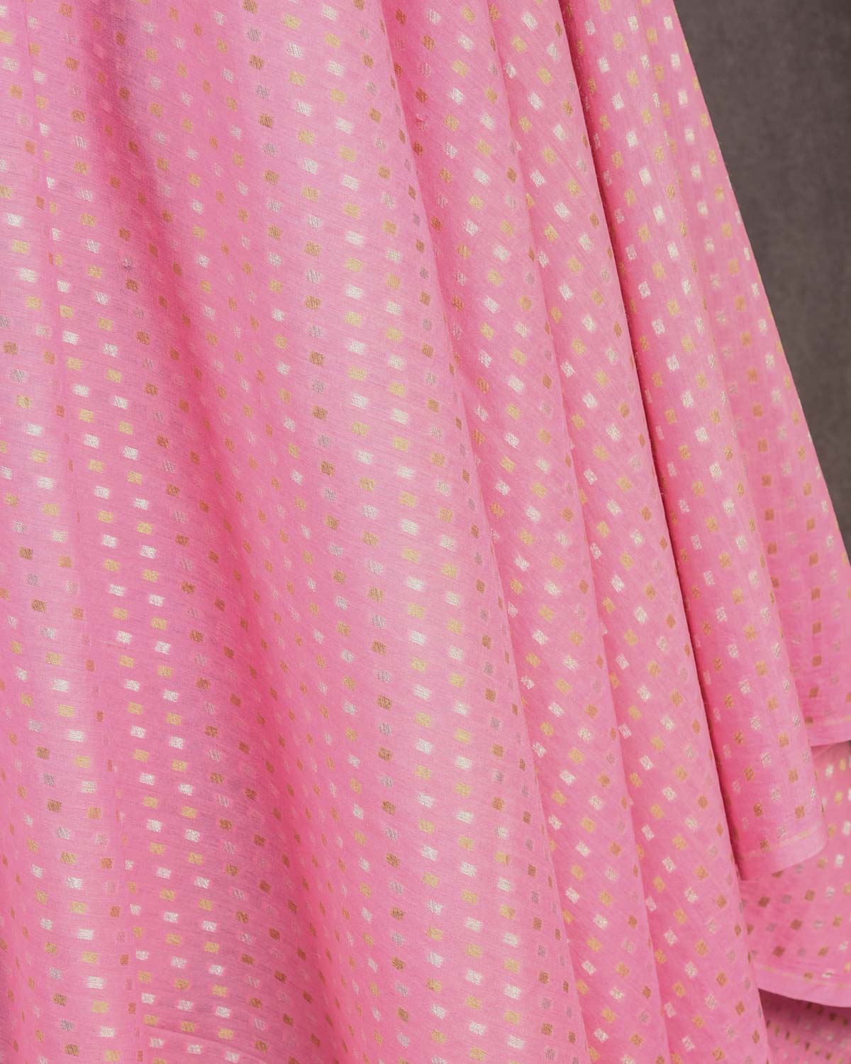Pink Dotted Gold & Silver Zari Cutwork Brocade Handwoven Muga Georgette Banarasi Fabric