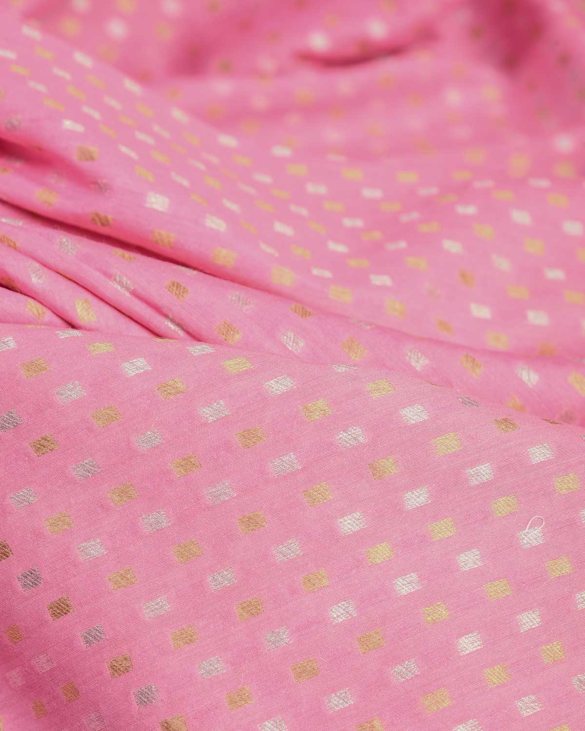 Pink Dotted Gold & Silver Zari Cutwork Brocade Handwoven Muga Georgette Banarasi Fabric