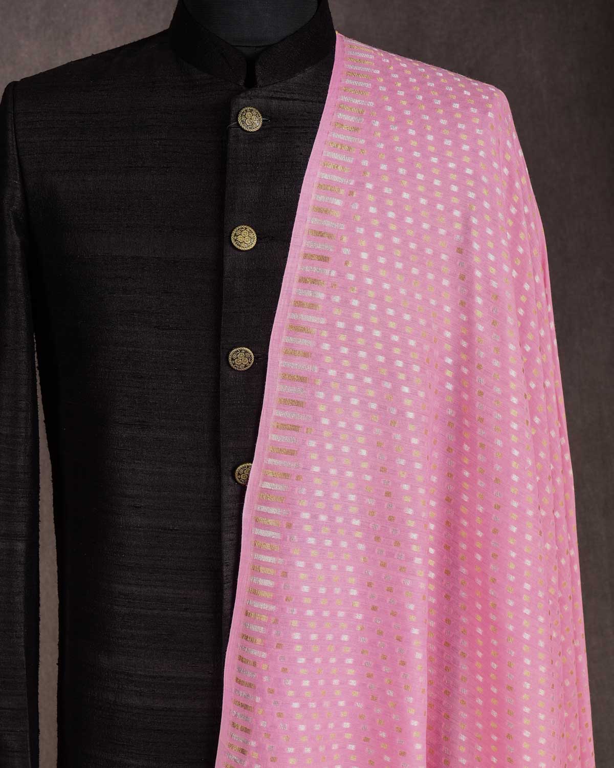 Pink Dotted Gold & Silver Zari Cutwork Brocade Handwoven Muga Georgette Banarasi Fabric