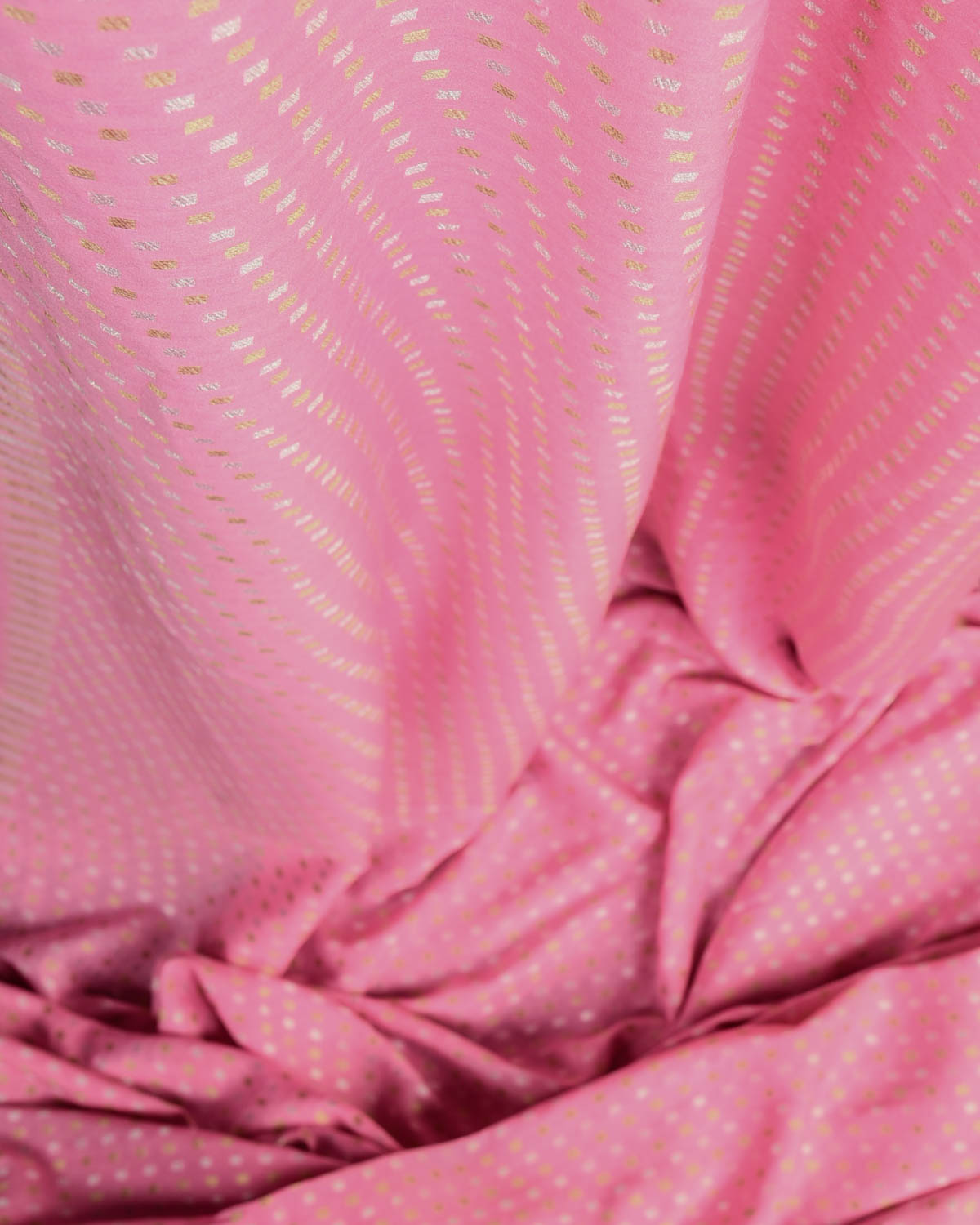 Pink Dotted Gold & Silver Zari Cutwork Brocade Handwoven Muga Georgette Banarasi Fabric