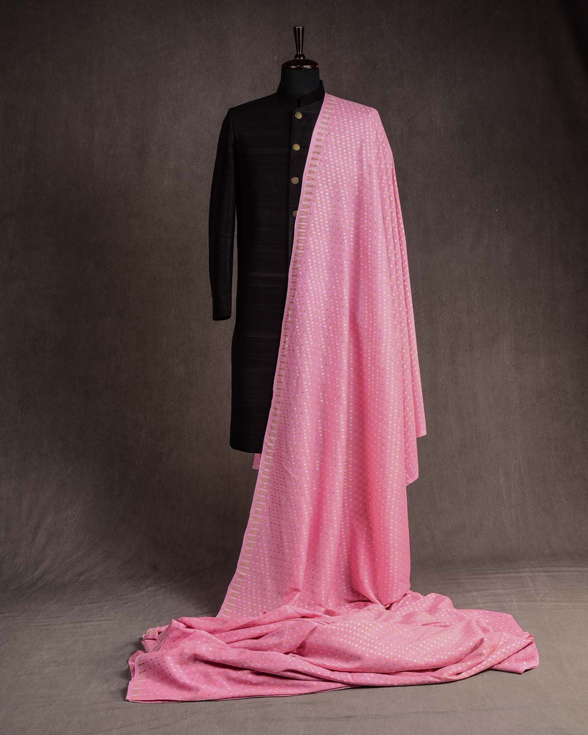Pink Dotted Gold & Silver Zari Cutwork Brocade Handwoven Muga Georgette Banarasi Fabric