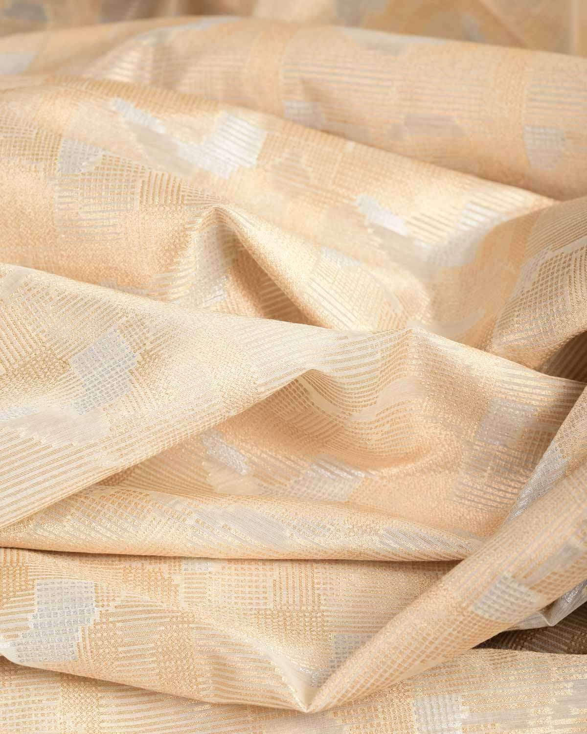 Cream Gold & Silver Zari Abstract Geometric Cutwork Brocade Woven Cotton Silk Banarasi Fabric-HolyWeaves