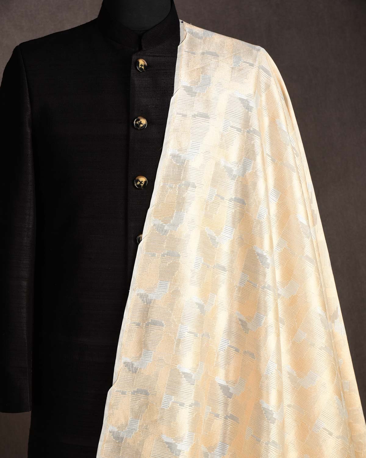 Cream Gold & Silver Zari Abstract Geometric Cutwork Brocade Woven Cotton Silk Banarasi Fabric-HolyWeaves
