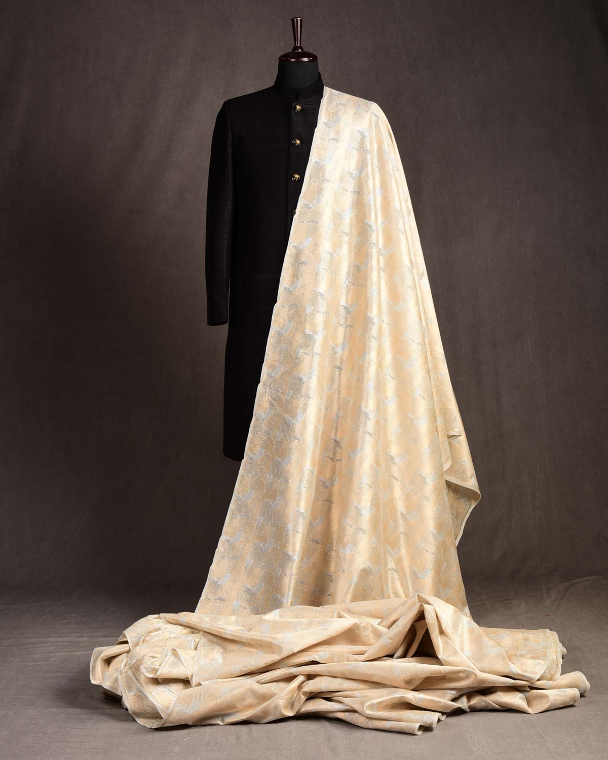 Cream Gold & Silver Zari Abstract Geometric Cutwork Brocade Woven Cotton Silk Banarasi Fabric-HolyWeaves
