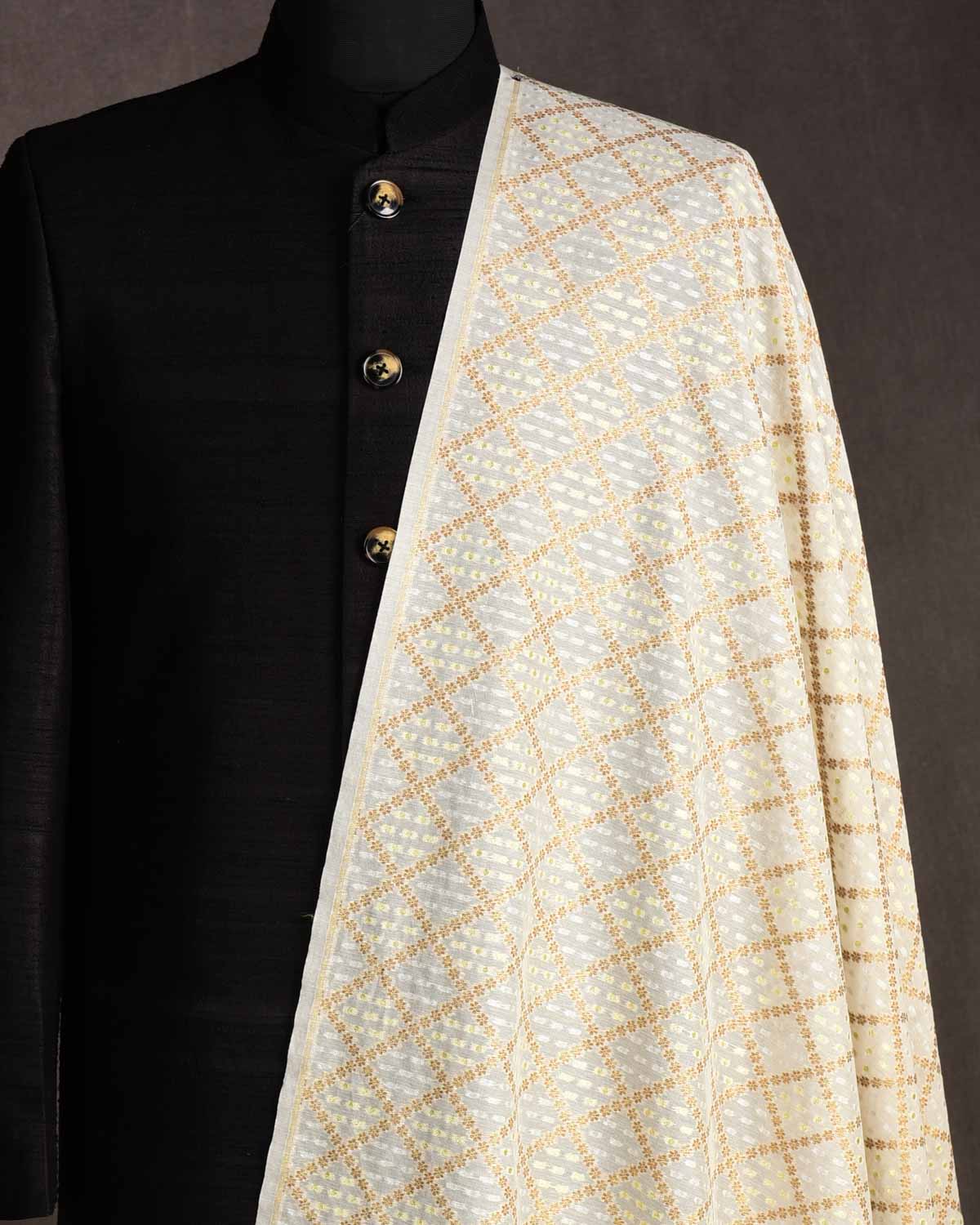 Ivory White Gold Silver Antique Zari Grids Cutwork Brocade Woven Poly Cotton Silk Banarasi Fabric-HolyWeaves