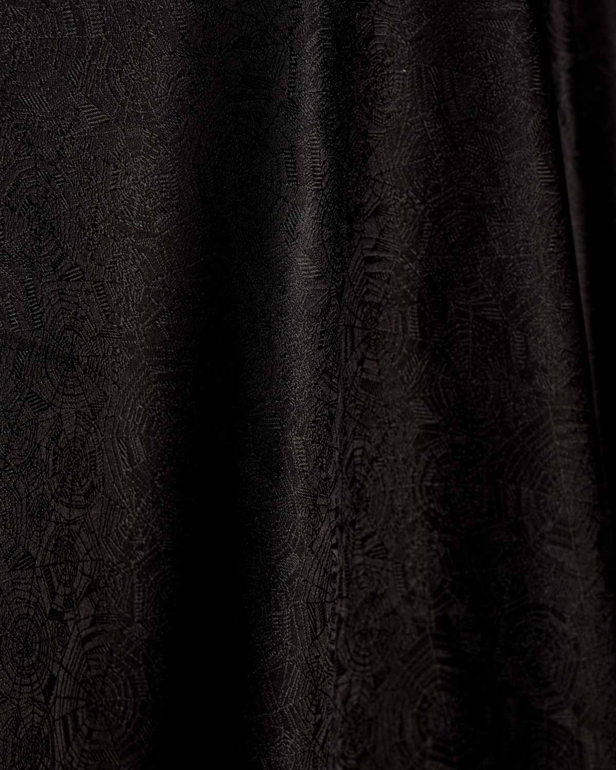 Black WATERMARK Spider Web Satin Tanchoi Handwoven Katan Silk Banarasi Fabric-HolyWeaves