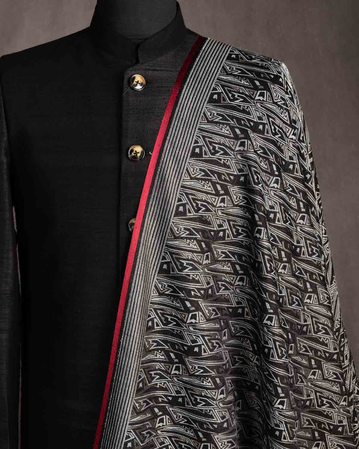 Black Contemporary Geometric Satin Brocade Handwoven Silk Wool Banarasi Fabric-HolyWeaves