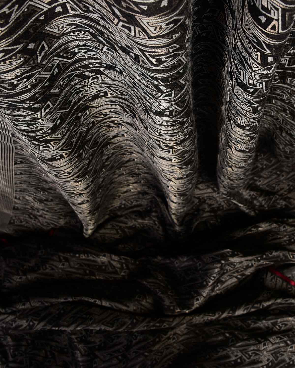 Black Contemporary Geometric Satin Brocade Handwoven Silk Wool Banarasi Fabric-HolyWeaves