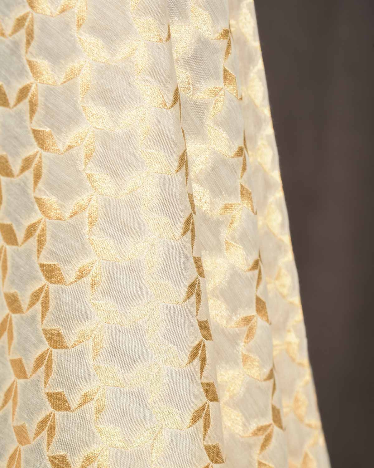 Ivory White Super-Star Cutwork Brocade Woven Cotton Silk Banarasi Fabric-HolyWeaves