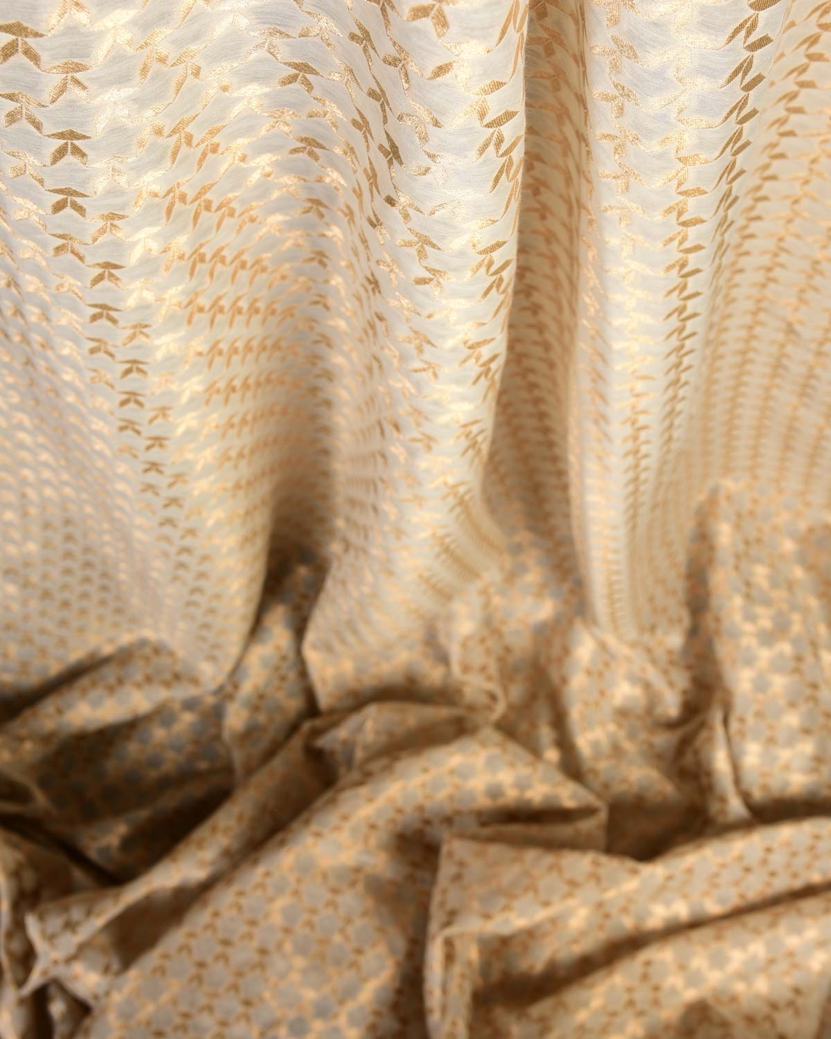 Ivory White Super-Star Cutwork Brocade Woven Cotton Silk Banarasi Fabric-HolyWeaves