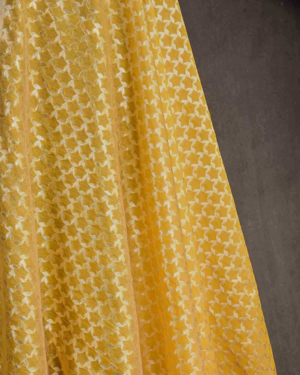 Yellow Silver Zari Stars Cutwork Brocade Woven Cotton Silk Banarasi Fabric-HolyWeaves