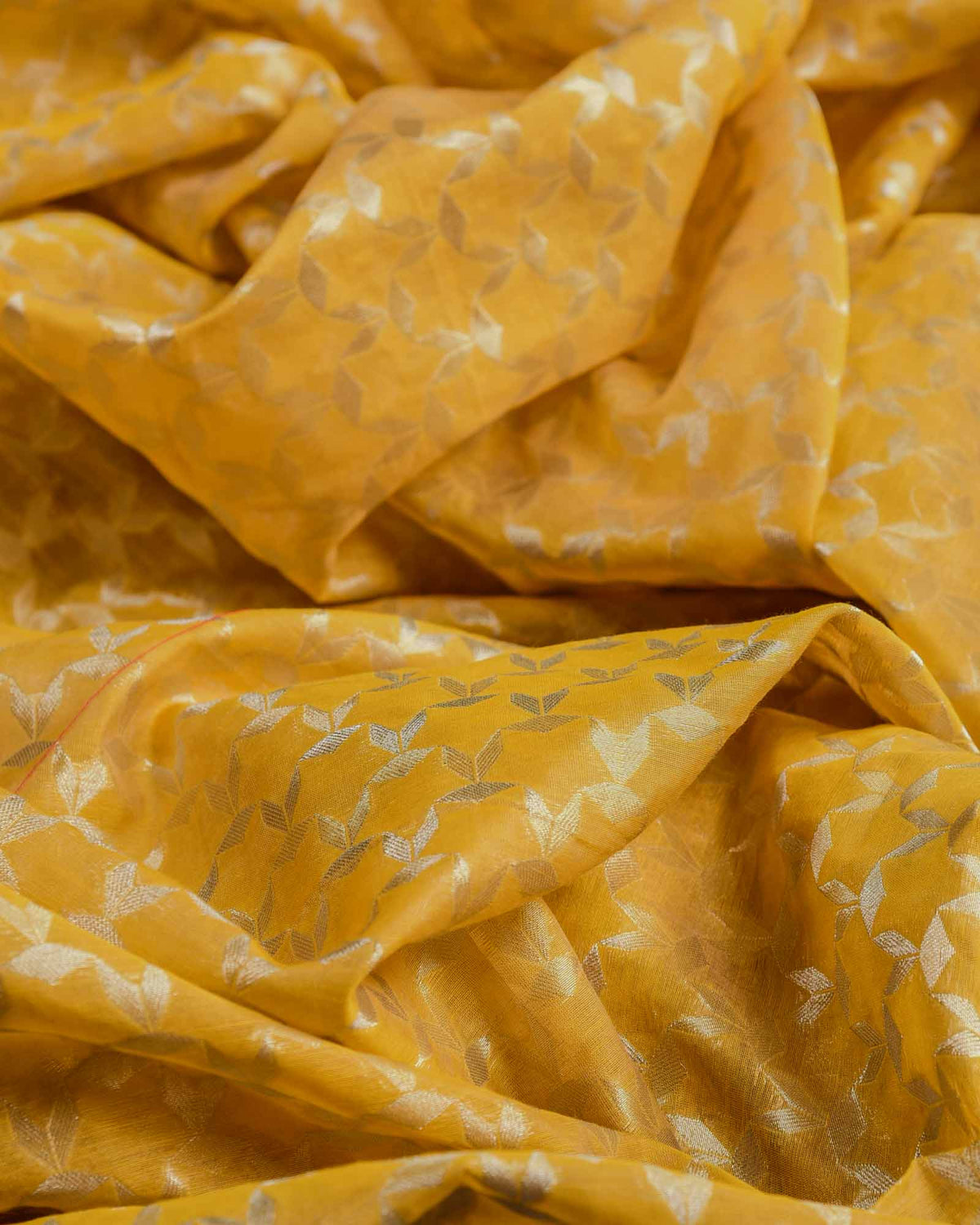 Yellow Silver Zari Stars Cutwork Brocade Woven Cotton Silk Banarasi Fabric-HolyWeaves