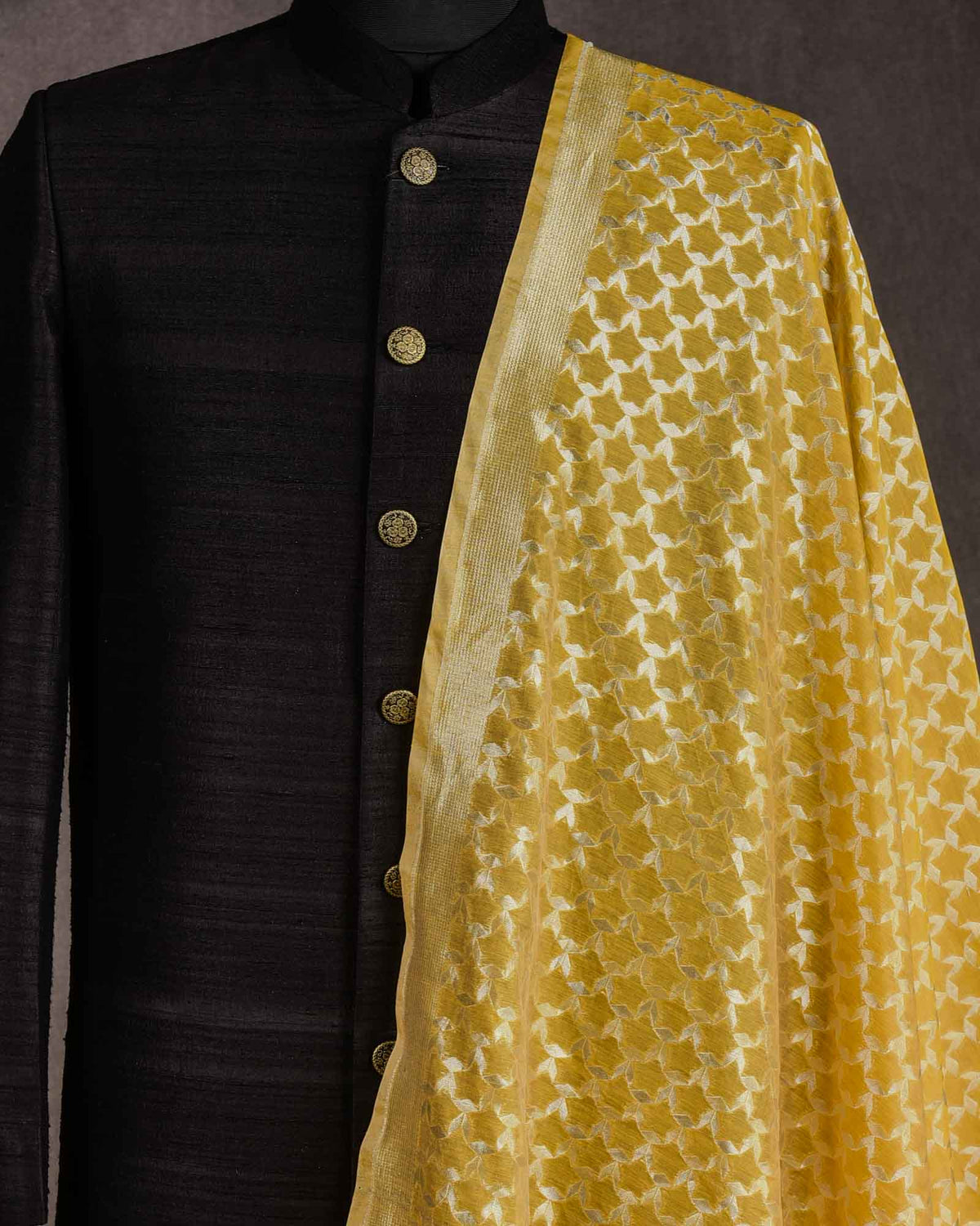 Yellow Silver Zari Stars Cutwork Brocade Woven Cotton Silk Banarasi Fabric-HolyWeaves