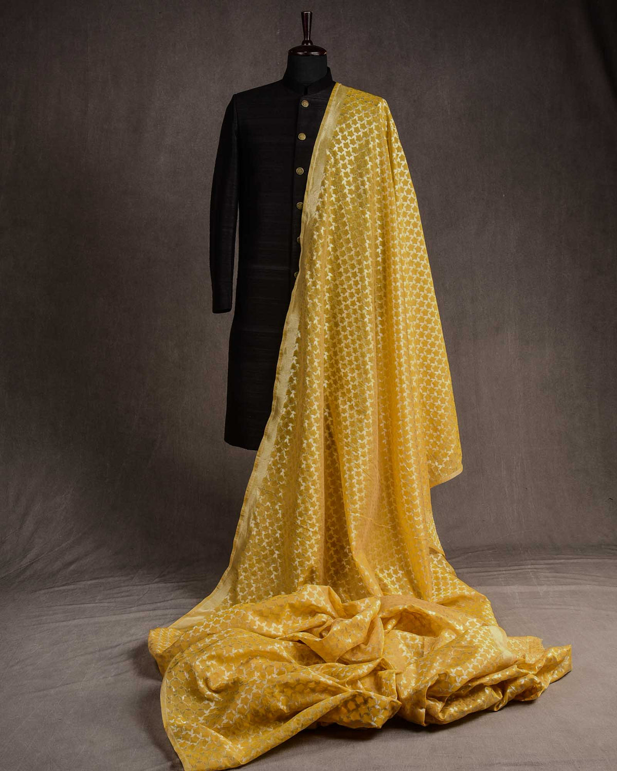 Yellow Silver Zari Stars Cutwork Brocade Woven Cotton Silk Banarasi Fabric-HolyWeaves