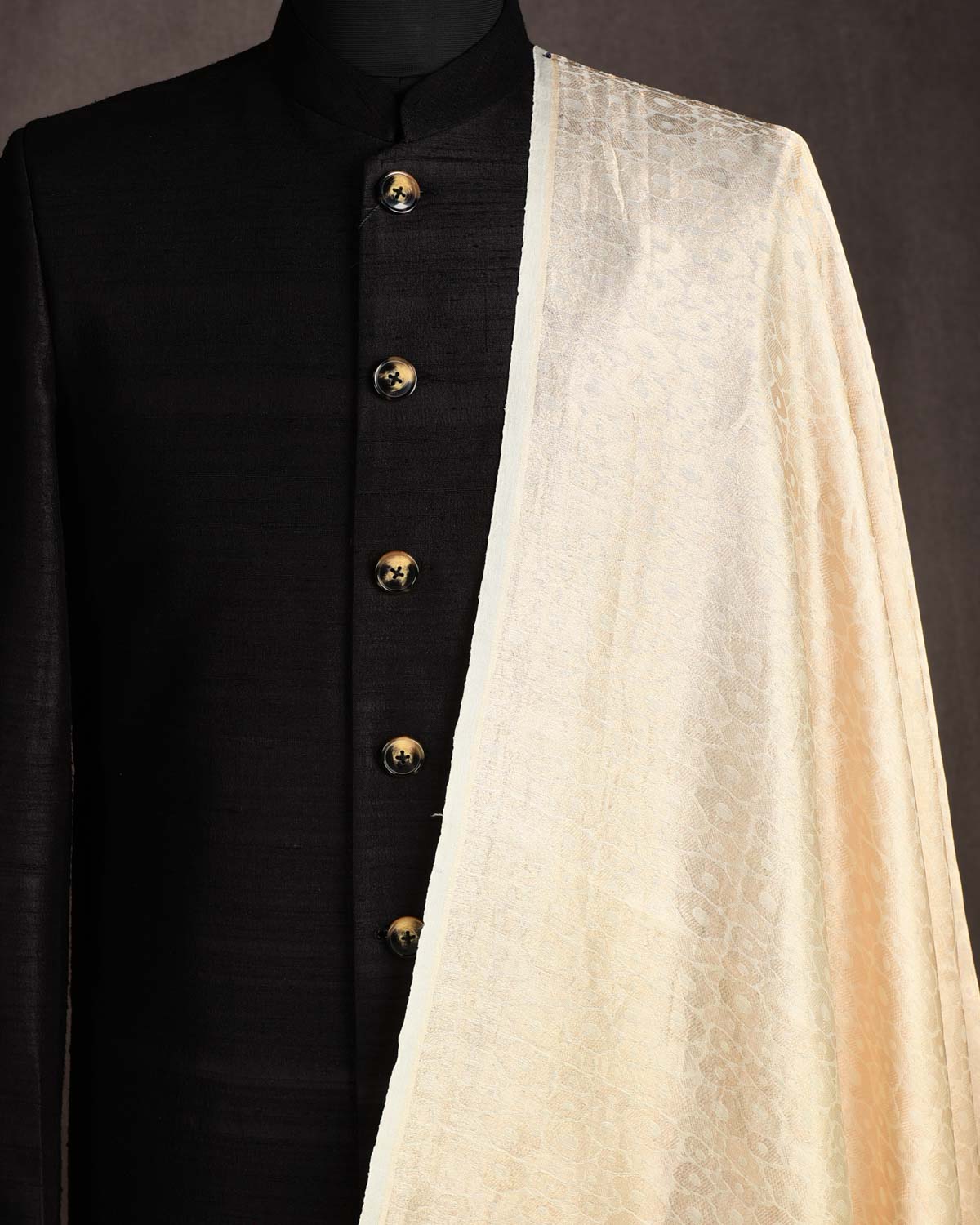 Metallic Cream Gold Zari Abstract Geometric Brocade Woven Kora Silk Banarasi Fabric-HolyWeaves