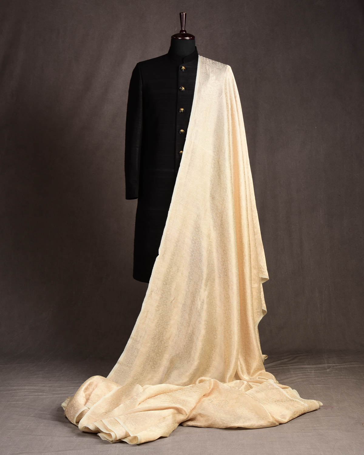 Metallic Cream Gold Zari Abstract Geometric Brocade Woven Kora Silk Banarasi Fabric-HolyWeaves