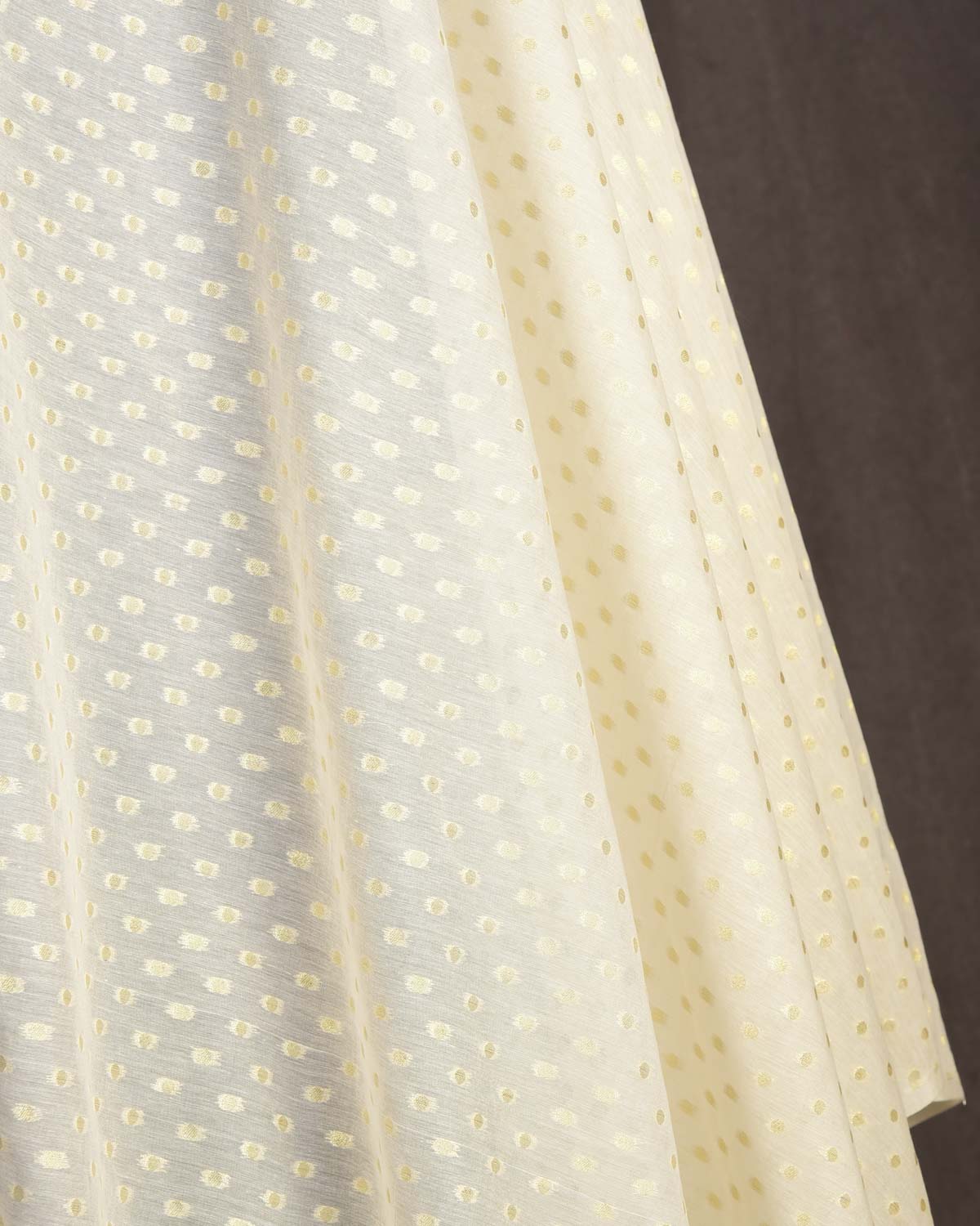 Ivory White Gold Zari Polka Dots Cutwork Brocade Woven Art Cotton Silk Banarasi Fabric-HolyWeaves