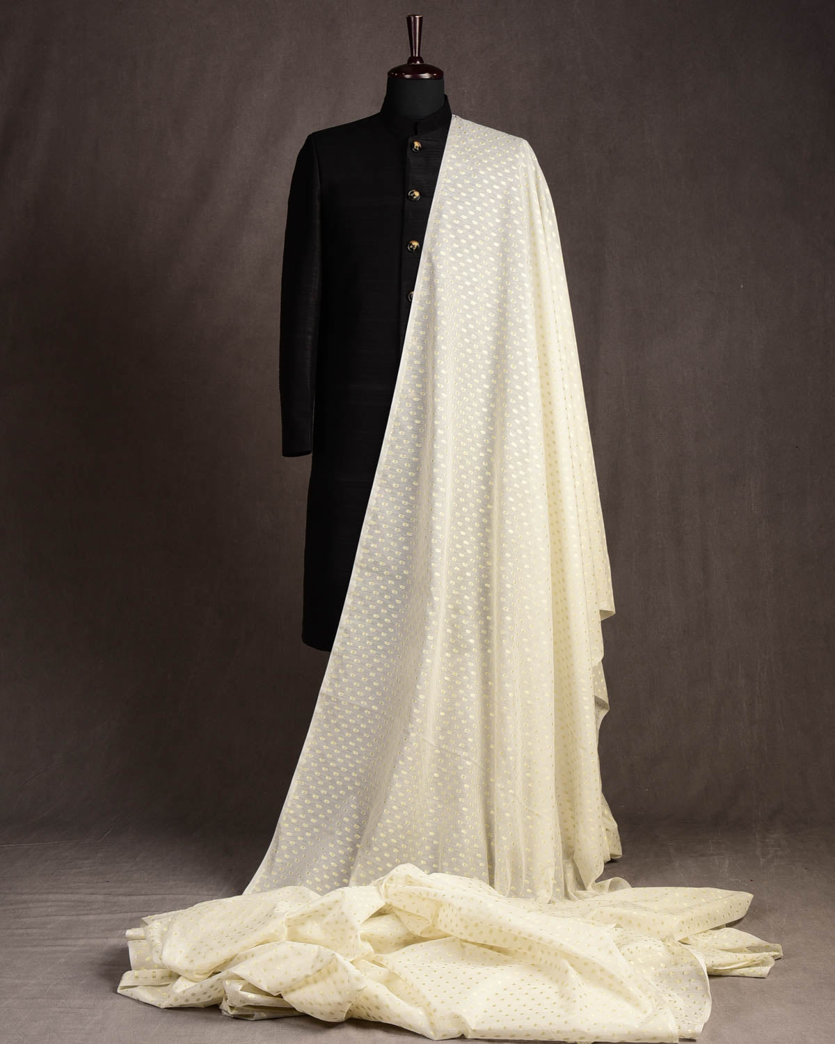 Ivory White Gold Zari Polka Dots Cutwork Brocade Woven Art Cotton Silk Banarasi Fabric-HolyWeaves