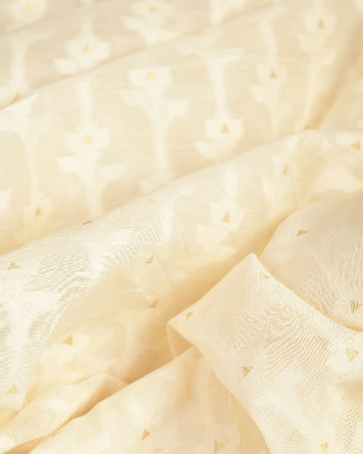 Ivory White Resham & Zari Cutwork Brocade Woven Cotton Silk Banarasi Fabric-HolyWeaves