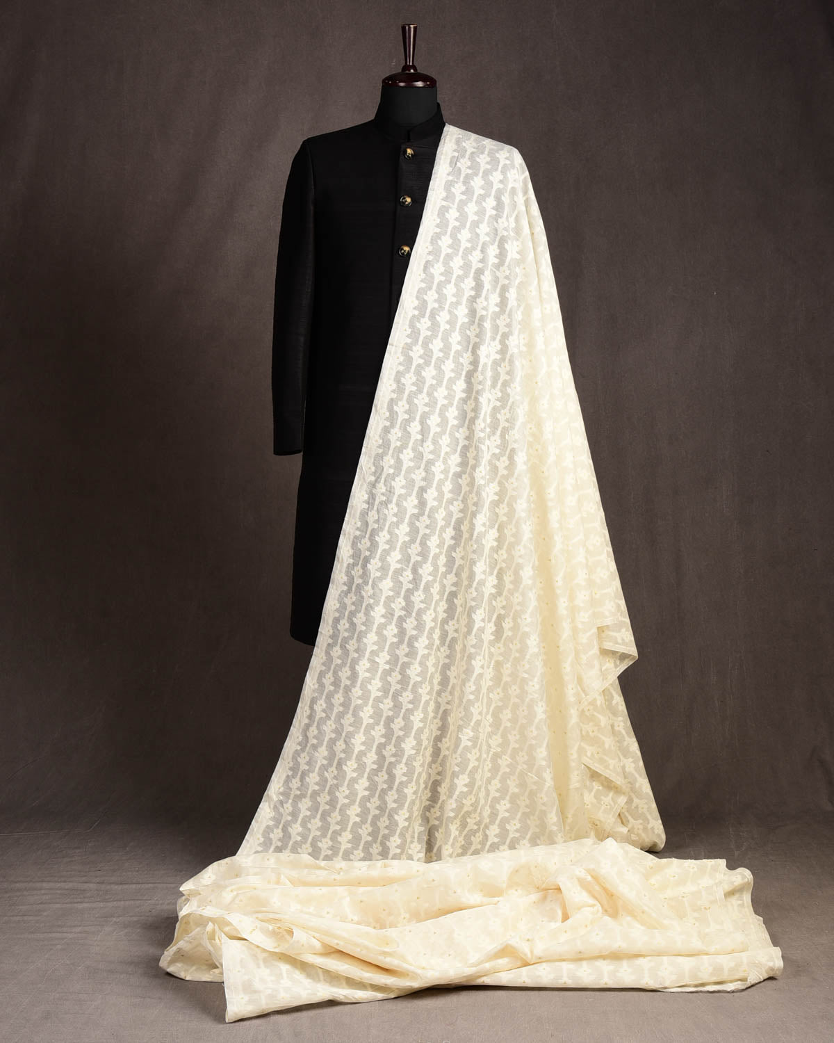 Ivory White Resham & Zari Cutwork Brocade Woven Cotton Silk Banarasi Fabric-HolyWeaves