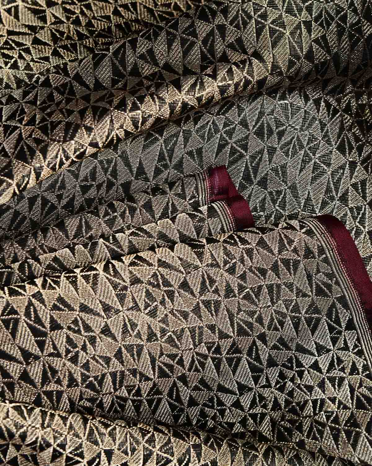 Black Random Triangle Geomtric Gold & Silver Zari Brocade Handwoven Katan Silk Banarasi Fabric-HolyWeaves