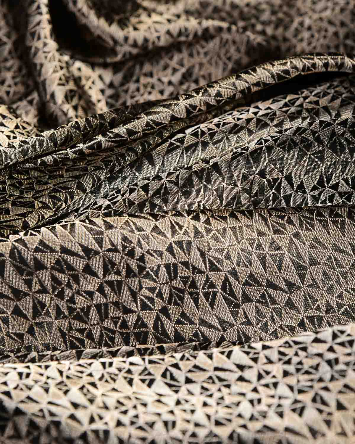 Black Random Triangle Geomtric Gold & Silver Zari Brocade Handwoven Katan Silk Banarasi Fabric-HolyWeaves