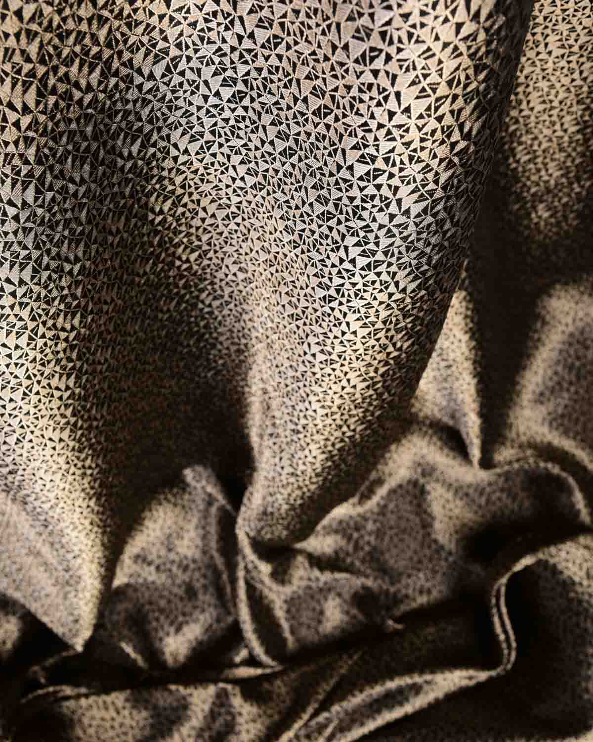 Black Random Triangle Geomtric Gold & Silver Zari Brocade Handwoven Katan Silk Banarasi Fabric-HolyWeaves