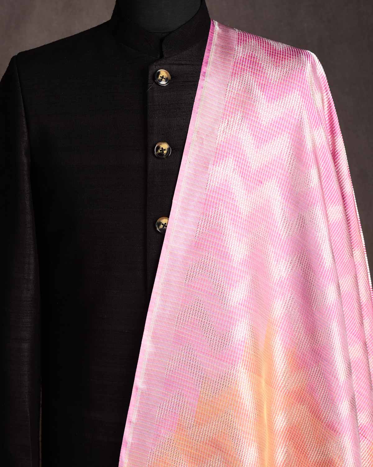 Multi-color Chevron Brocade Handwoven Katan Silk Banarasi Fabric-HolyWeaves